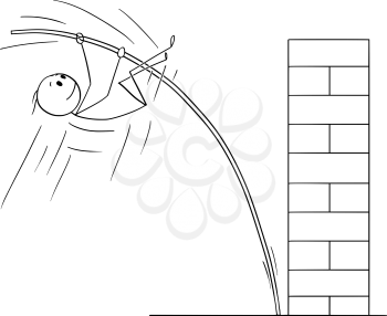 Cartoon stick drawing conceptual illustration of man or businessman doing pole vaulting to overcome obstacle. Business concept of solution and creativity.