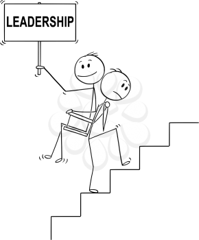 Cartoon stick drawing conceptual illustration of man or businessman carrying another man, manager or boss with empty sign upstairs on his back. Business concept of unfair teamwork or favoritism. Empty sign say leadership.