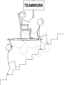 Cartoon stick drawing conceptual illustration of two men, businessmen or slaves carrying boss, manager or lord holding teamwork sign upstairs in litter or sedan chair. Business concept of subordination, cooperation and leadership.