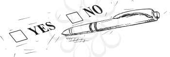 Vector artistic pen and ink drawing illustration of yes and no questionnaire form and ballpoint pen.