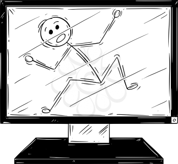 Cartoon stick drawing conceptual illustration of man or businessman trapped inside of computer screen or display. Concept of workaholic or workaholism.