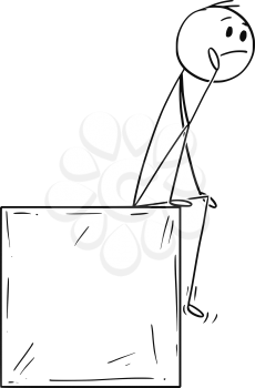 Cartoon stick drawing conceptual illustration of man or businessman sitting on box or cube and thinking.