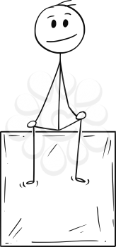 Cartoon stick drawing conceptual illustration of man or businessman sitting on box or cube and thinking.