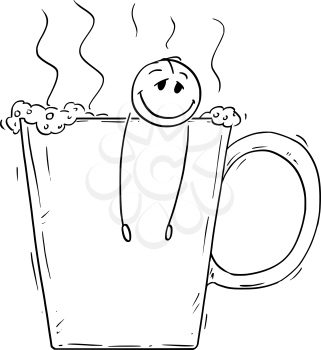 Cartoon stick drawing conceptual illustration of relaxed and happy man or businessman taking a bath in big cup of coffee. Concept of caffeine addiction.