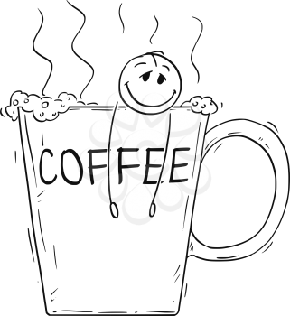 Cartoon stick drawing conceptual illustration of relaxed and happy man or businessman taking a bath in big cup of coffee. Concept of caffeine addiction.