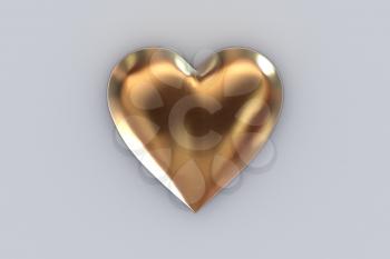 Valentine's Day abstract 3D illustration pattern with big shiny golden or gold metallic heart on gray background.