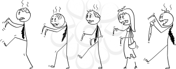 Cartoon stick drawing illustration of group of five undead zombie businessmen walking. Halloween drawing.