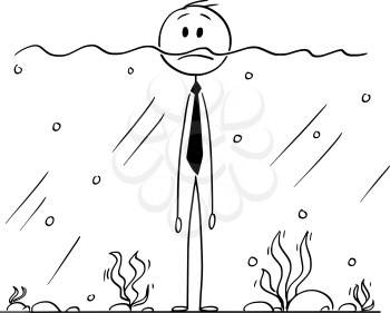 Cartoon stick man drawing conceptual illustration of businessman standing in water with surface above his chin. Business concept of financial crisis and company facing problems or bankruptcy.