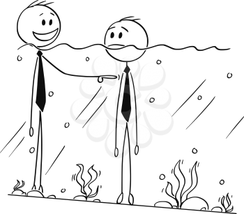 Cartoon stick drawing conceptual illustration of two businessmen standing in water, one with surface above chin, second with level under the chin. First one is object of ridicule of the second one. Business concept of relativity of success.