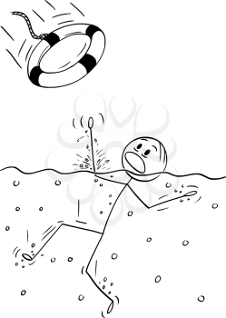 Cartoon stick drawing conceptual illustration of man drowning on water, but someone throw him a lifebuoy or lifebelt.