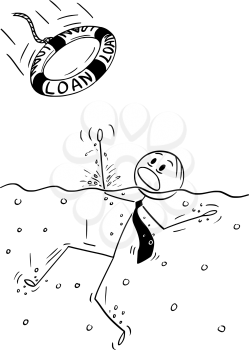 Cartoon stick man drawing conceptual illustration of businessman drowning in water, someone just throw him lifebuoy. Business concept of company drowning in depths and rescued by loan.
