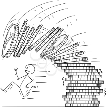 Cartoon stick man drawing conceptual illustration of man or businessman running away from falling stack or pile of coins. Business metaphor for financial problem.