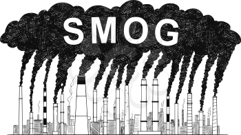 Vector artistic pen and ink drawing illustration of smoke and smog coming from industry or factory smokestacks or chimneys into air. Environmental concept of air pollution.