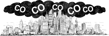 Vector artistic pen and ink drawing illustration of high rise building and smog covering the city. Environmental concept of toxic and deadly carbon dioxide or CO2 air pollution.