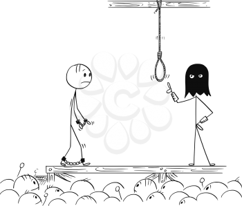Cartoon stick drawing conceptual illustration of man walking on his own execution.