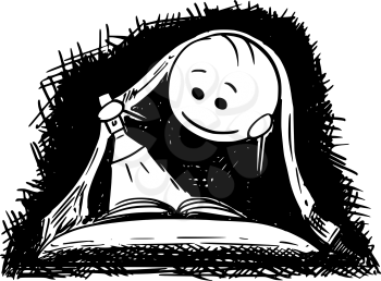 Cartoon stick drawing illustration of man or boy reading a book in bed under blanket with flashlight. Concept of adventures hidden in books.