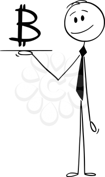 Cartoon stick drawing conceptual illustration of waiter or businessman holding tray or salver and offering Bitcoin cryptocurrency currency symbol or sign.