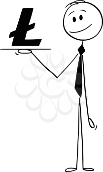 Cartoon stick drawing conceptual illustration of waiter or businessman holding tray or salver and offering Litecoin cryptocurrency currency symbol or sign.