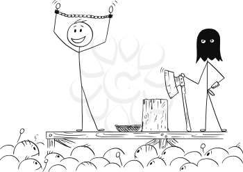 Cartoon stick drawing conceptual illustration of man enjoying the attention of crowd while waiting on his own execution.