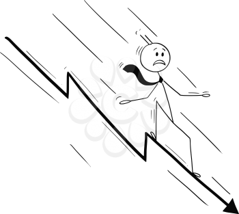 Cartoon stick drawing conceptual illustration of businessman riding on chart arrow falling od declining down. Business metaphor of crisis or failure.