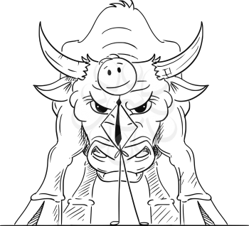 Cartoon stick drawing conceptual illustration of businessman standing with big bull behind him as symbol of rising market prices.
