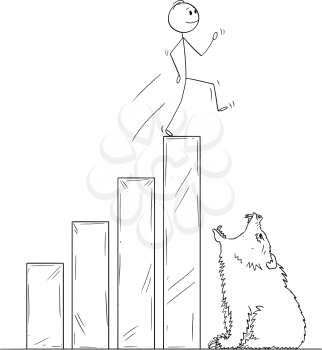 Cartoon stick man drawing conceptual illustration of businessman walking happily and unprepared on raising financial chart ending by open mouth of bear. Metaphor of bear market and market crisis.