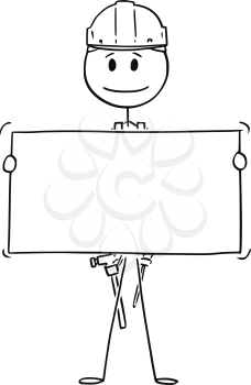 Cartoon stick drawing conceptual illustration of worker, workman, technician or engineer holding empty sign for your text.