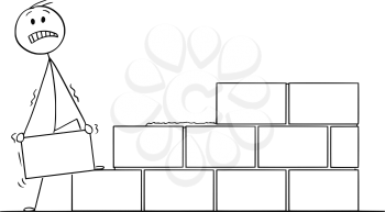 Cartoon stick drawing conceptual illustration of mason or bricklayer building a wall from bricks or stone blocks.