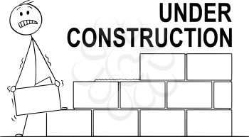Cartoon stick drawing conceptual illustration of mason or bricklayer building a wall from bricks or stone blocks. Under construction text above. Usable for website.