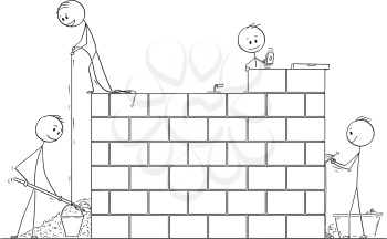 Cartoon stick drawing conceptual illustration of group of masons or bricklayers building a wall or house from bricks or stone blocks.