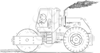 Cartoon stick drawing conceptual illustration of tired man driving or working with road roller or roadroller.