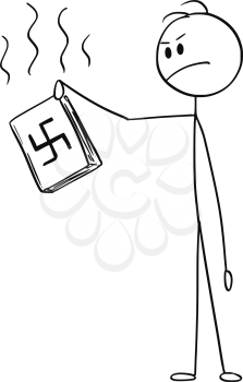 Cartoon stick drawing conceptual illustration of disgusted man holding and rejecting book with swastika Nazi symbol.