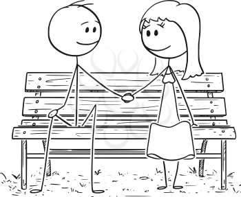 Cartoon stick drawing conceptual illustration of romantic couple sitting on park bench or seat and holding each others hand.