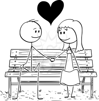 Cartoon stick drawing conceptual illustration of romantic couple sitting on park bench or seat and holding each others hand.Big heart is between them.