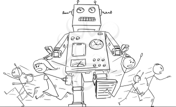 Cartoon stick figure drawing illustration of group or crowd of people running in panic away from giant walking retro robot.