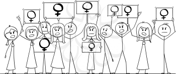 Cartoon stick figure isolated drawing or illustration of group or crowd of protesters protesting with female gender symbol on signs.