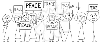 Cartoon stick figure drawing or illustration of group or crowd of protesters demonstrating with Peace text on signs.