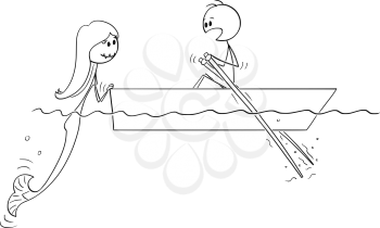 Cartoon stick figure drawing of man paddling in small boat with paddles on water or sea and meet a beautiful and dangerous mermaid with fangs .