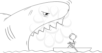 Cartoon stick figure drawing of man in small boat and dangerous giant shark with open mouth ready to devour him.
