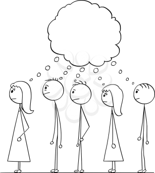 Cartoon stick figure drawing conceptual illustration of group of people waiting in line or queue with empty speech or text bubble above them.