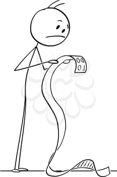 Cartoon stick figure drawing conceptual illustration of frustrated man reading very long todo or to do list or checklist.