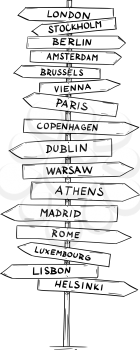 Artistic drawing of old wooden directional road arrow sign with names of some European capital cities. London,Paris, Rome, Berlin, Brussels, Dublin and more.
