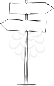 Artistic drawing of old empty or blank wooden two directions road arrow sign. Ready for your text.