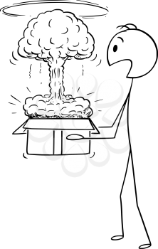 Vector cartoon stick figure drawing conceptual illustration of man opening cardboard, carton or paper box and small nuclear or atomic explosion is coming from the container.