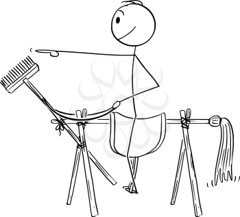 Vector cartoon stick figure drawing conceptual illustration of man or businessman sitting and riding fake horse made from brooms. Metaphor of wrong strategy and planning.