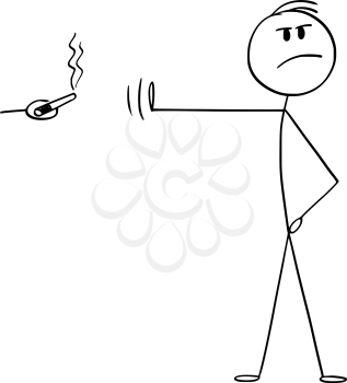Vector cartoon stick figure drawing conceptual illustration of principled or high-principled man rejecting smoking cigar or cigarette with hand gesture and pose.