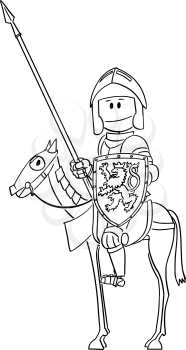Vector cartoon stick figure drawing conceptual illustration of knight in armor with lance or spear and shield sitting and riding on horse.