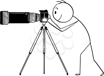 Vector cartoon stick figure drawing conceptual illustration of man or photographer taking photo with camera with big and long zoom or telephoto lens mounted on tripod.