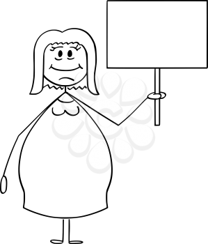 Vector cartoon stick figure drawing conceptual illustration of smiling overweight or obese woman holding empty sign ready for your text.