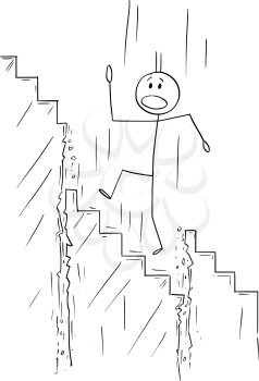 Vector cartoon stick figure drawing conceptual illustration of man or businessman walking or climbing up the stairs while staircase is collapsing and he is falling down.Business or career metaphor.